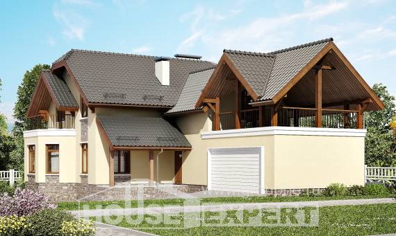 255-003-П Проект двухэтажного дома с мансардой, гараж, классический загородный дом из поризованных блоков, House Expert