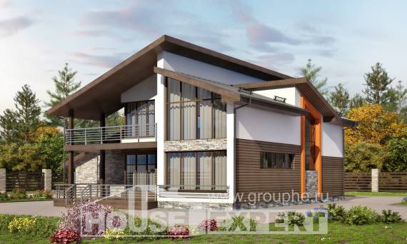 200-010-П Проект двухэтажного дома с мансардным этажом, гараж, классический загородный дом из арболита, House Expert