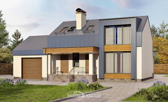 150-015-П Проект двухэтажного дома с мансардой и гаражом, классический коттедж из теплоблока | Проекты домов от House Expert