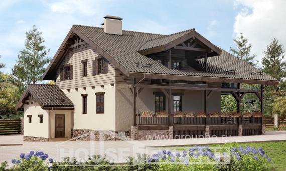 255-002-П Проект двухэтажного дома с мансардой и гаражом, большой загородный дом из пеноблока, House Expert