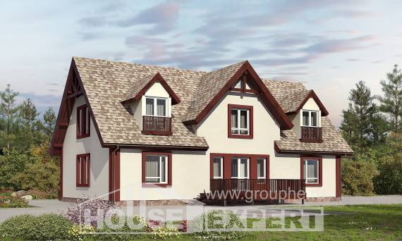 300-008-Л Проект двухэтажного дома с мансардой, гараж, большой коттедж из пеноблока, House Expert